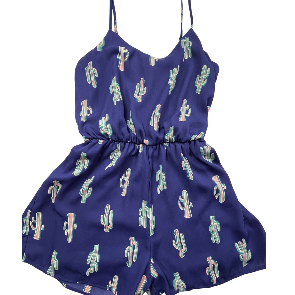Everly Womens‎ Blue Cactus Print Sleeveless Romper V-Neck Elastic Waist Size M